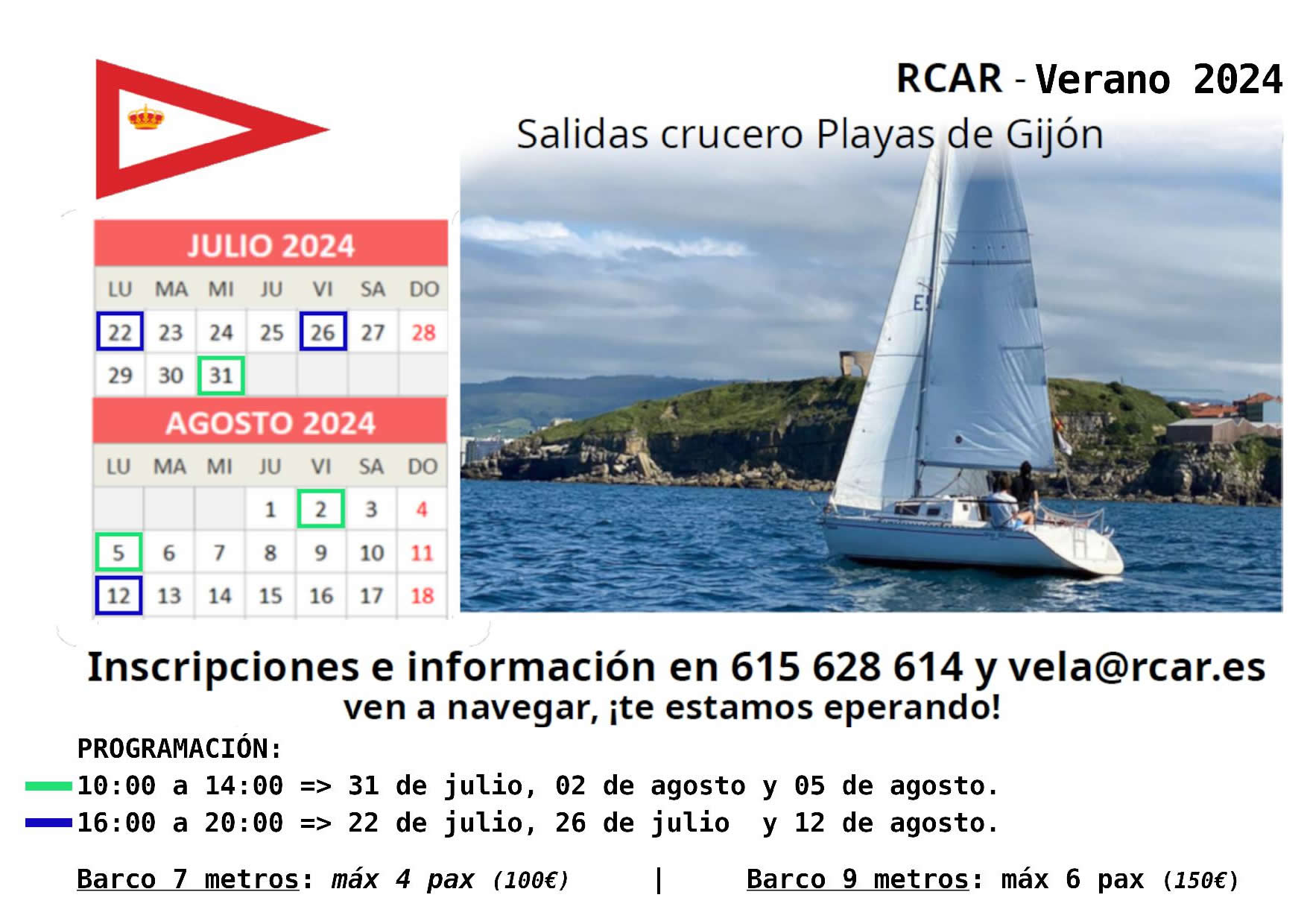 Cartel Salidas navegación costera en Gijón, julio y agosto de 2024
